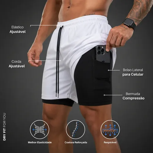 Bermuda Masculina 2 Em 1 Compressão Short Dry Fit Academia