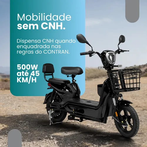 Bicicleta Eletrica 500w Sem Cnh Cesto 2 Pessoas Cor Preto