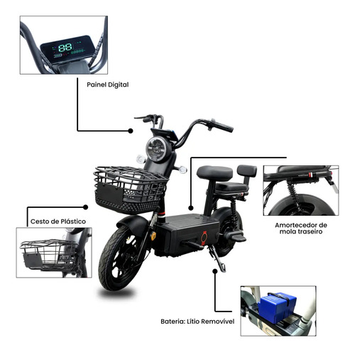 Bicicleta Elétrica Nado C2 1000W Bateria Removível 48V 60km PretoBicicleta Elétrica Nado C2 1000W Bateria Removível 48V 60km Preto