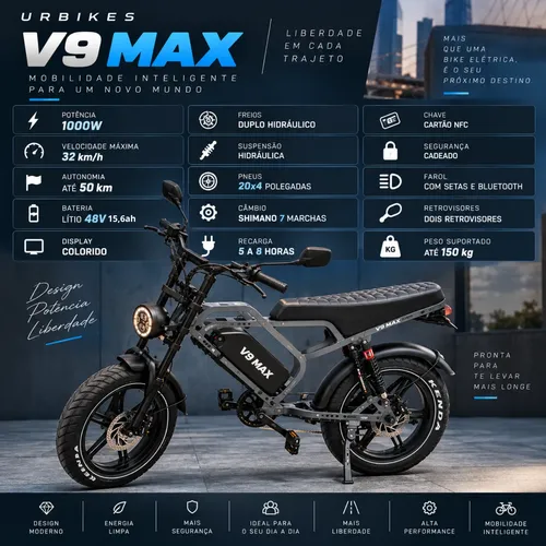 Bicicleta Elétrica V9 Max 1000w Freio Hidráulico Alarme Nfc