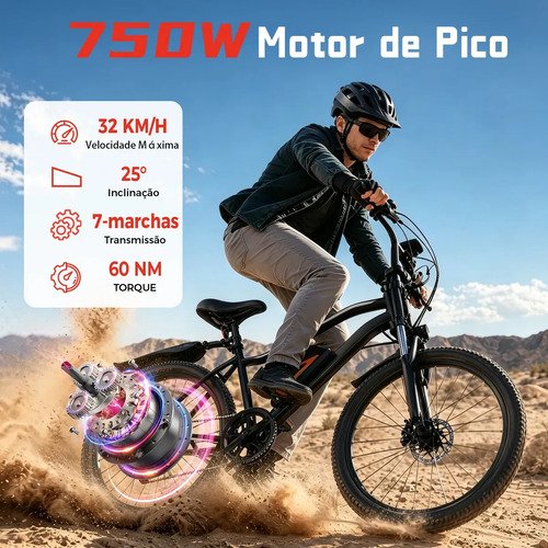 Bicicleta Elétrica Xroymexroy EB3 26" 750W 40km Autonomia com Bateria 36V, Suspensão Dianteira, 7 Marchas e APP Voltix