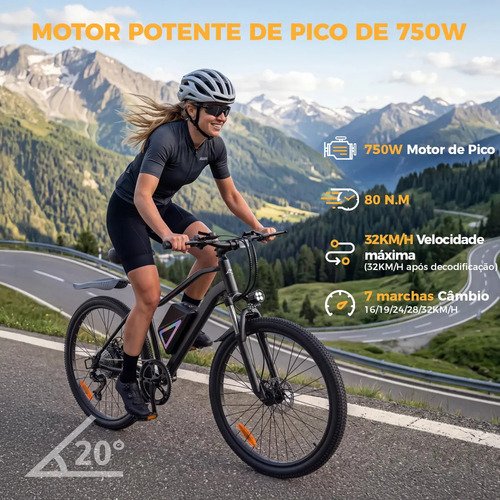Bicicleta Elétrica Xroymexroy EB3 26" 750W com Bateria 36V, Autonomia 40km, Suspensão Dianteira, Shimano 7 Marchas e APP