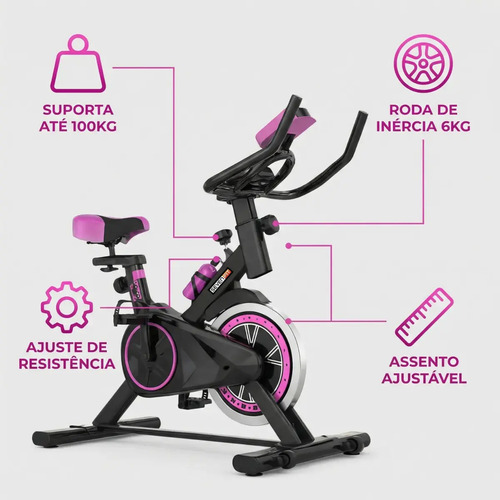 Bicicleta Ergométrica Bike Spinning Garrafa 6kg Sensação Inércia Com Medidor Cardíaco Fitness Preto e Rosa Sevenfit Para Cardio E Musculação
