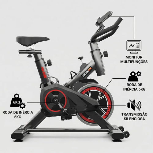 Bicicleta Ergométrica Fitness Para Cardio E Musculação Com Base Cor Preto E Vermelho 6kg Inercia Marca Sevenfit