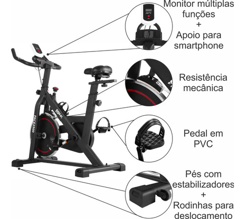 Bicicleta Ergométrica Para Spinning Mecanica 6kg Odin Fit Cor Preto e Vermelho