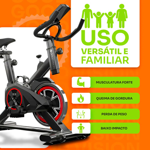 Bicicleta Ergometrica Spinning GoodVision Profissional Para Cardio Fitness Musculação Atividade Física Inercia Cor Preto e Vermelho ate 150kg