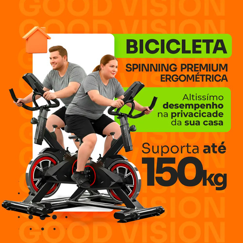 Bicicleta Ergometrica Spinning GoodVision Profissional Para Cardio Fitness Musculação Atividade Física Inercia Cor Preto e Vermelho ate 150kg