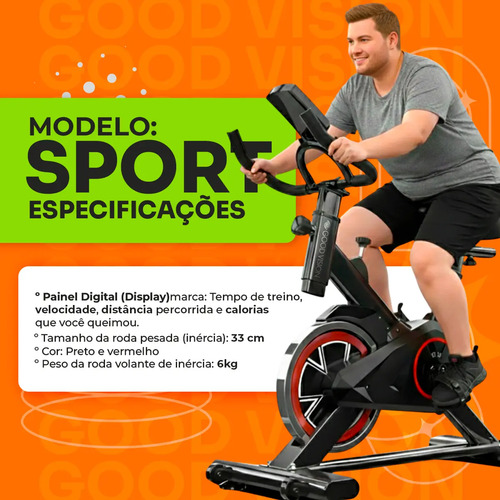 Bicicleta Ergometrica Spinning GoodVision Profissional Para Cardio Fitness Musculação Atividade Física Inercia Cor Preto e Vermelho ate 150kg