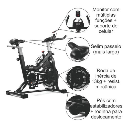 Bicicleta Ergométrica Spinning Mecanica Roda Inércia 13kg Sprint Odin Fit