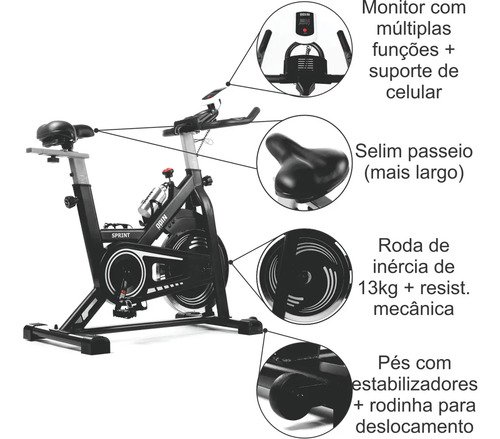Bicicleta Ergométrica Spinning Mecanica Roda Inércia 13kg Sprint Odin Fit