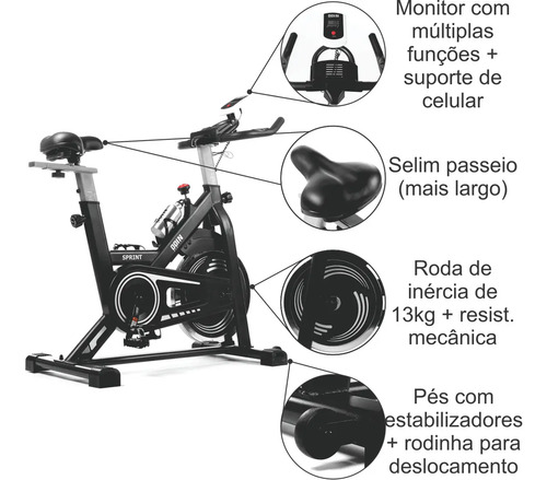 Bicicleta Ergométrica Spinning Mecanica Roda Inércia 13kg Sprint Odin Fit