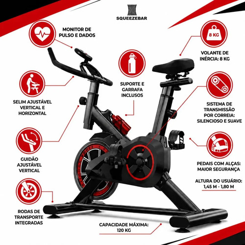 Bicicleta Ergométrica Spinning Profissional Fitness Academia Sport 120 Kgs Preto Premium Bike academia para Cardio e Musculação com base + brinde SQUEEZEBAR