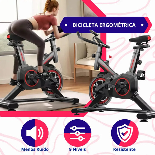 Bicicleta Ergométrica Spinning Profissional Fitness Academia Sport 120 Kgs Preto Premium Bike academia para Cardio e Musculação com base + brinde SQUEEZEBAR