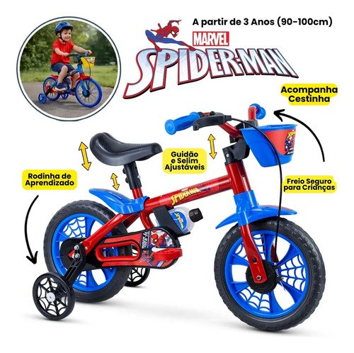 Bicicleta Infantil 2–5 Anos Nathor Homem-Aranha Aro 12 azul/vermelho com rodinhas