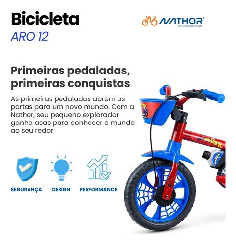 Bicicleta Infantil 2–5 Anos Nathor Homem-Aranha Aro 12 azul/vermelho com rodinhas