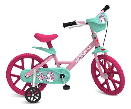 Bicicleta infantil aro 14 unicornio cestinha bandeirante cor