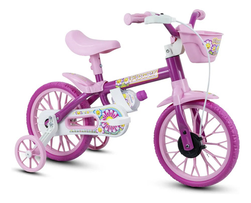Bicicleta rosa nathor flower infantil aro 12 menina cestinha