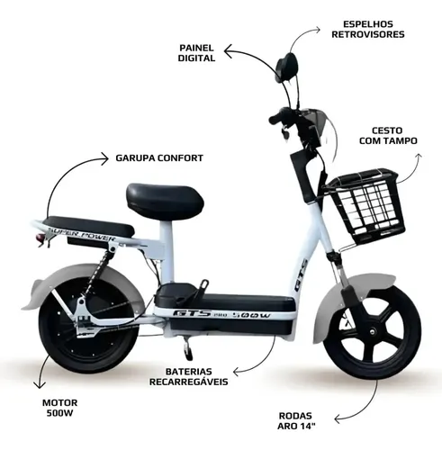 Bicicleta Scooter Elétrica 500w Gts Super Power Preta S/ Cnh