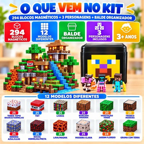 Blocos de Montar Magnético 294 Peças Criativo Mundo De Cubo Construção 3d Infantil Educativo Com Personagens Brinquedo Nanotoyzzz