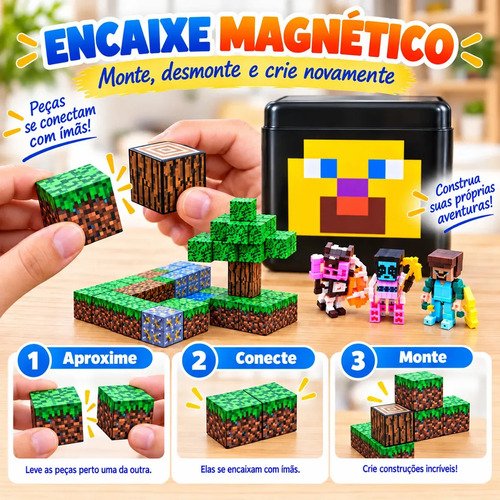 Blocos de Montar Magnético 294 Peças Criativo Mundo De Cubo Construção 3d Infantil Educativo Com Personagens Brinquedo Nanotoyzzz