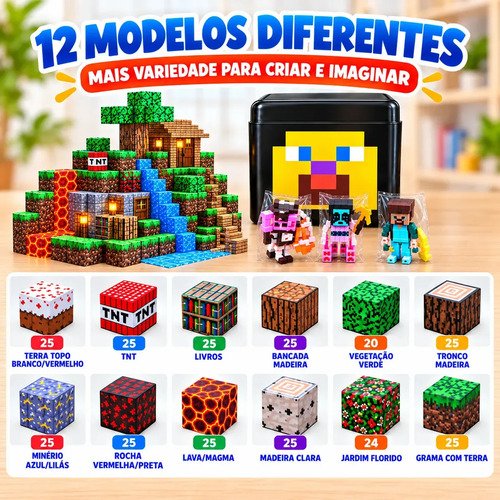 Blocos de Montar Magnético 294 Peças Criativo Mundo De Cubo Construção 3d Infantil Educativo Com Personagens Brinquedo Nanotoyzzz