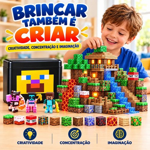 Blocos de Montar Magnético 294 Peças Criativo Mundo De Cubo Construção 3d Infantil Educativo Com Personagens Brinquedo Nanotoyzzz
