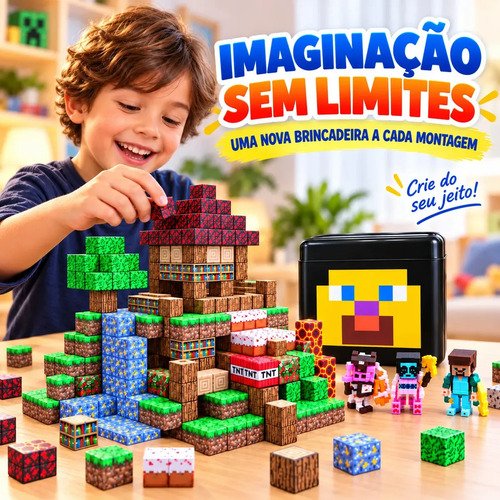 Blocos de Montar Magnético 294 Peças Criativo Mundo De Cubo Construção 3d Infantil Educativo Com Personagens Brinquedo Nanotoyzzz