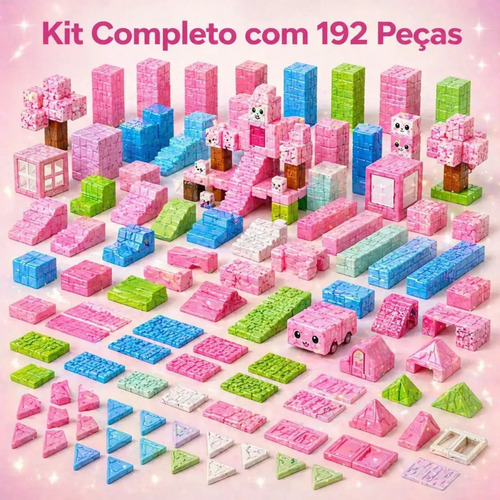 Blocos Magnéticos 192 Pcs Montar Construção Educativo Rosa 192 Meninas