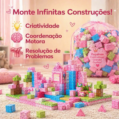 Blocos Magnéticos 192 Pcs Montar Construção Educativo Rosa 192 Meninas