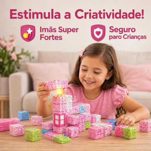 Blocos Magnéticos 192 Pcs Montar Construção Educativo Rosa 192 Meninas