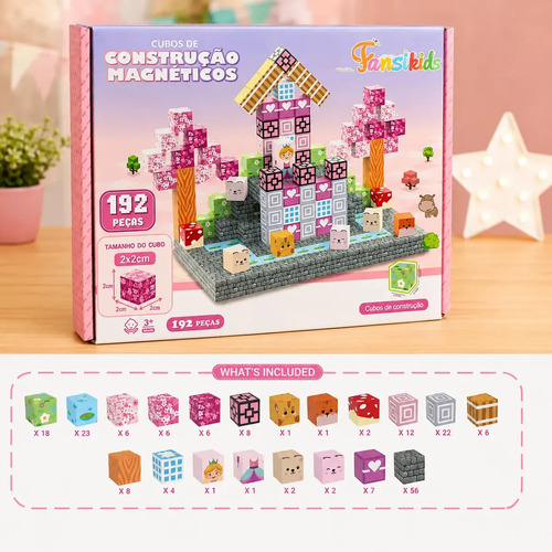 Blocos Magnéticos 192 Pcs Montar Construção Educativo Rosa 192 Meninas