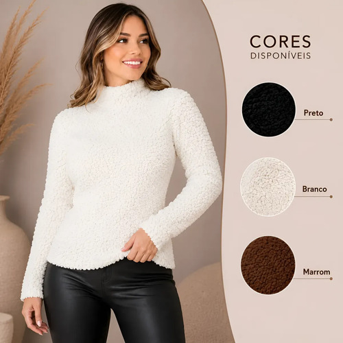 Blusa teddy feminina gola alta la pelinho manga longa frio