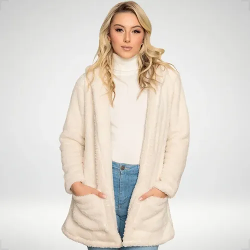Blusa teddy feminino casaco sobretudo inverno bolsos capuz