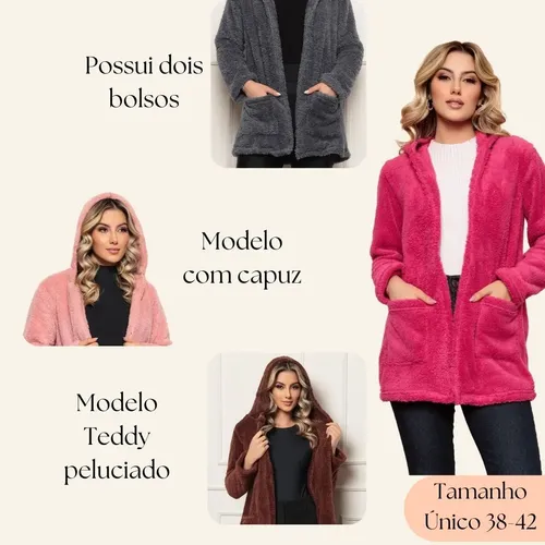 Blusa Teddy Feminino Casaco Sobretudo Inverno Bolsos Capuz
