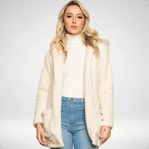 Blusa Teddy Feminino Casaco Sobretudo Inverno Bolsos Capuz