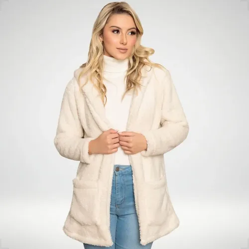 Blusa Teddy Feminino Casaco Sobretudo Inverno Bolsos Capuz