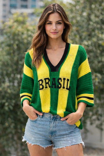 Blusa Tricot Brasil Feminina Decote V Manga 7/8 Moda Premium