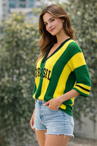 Blusa Tricot Brasil Feminina Decote V Manga 7/8 Moda Premium