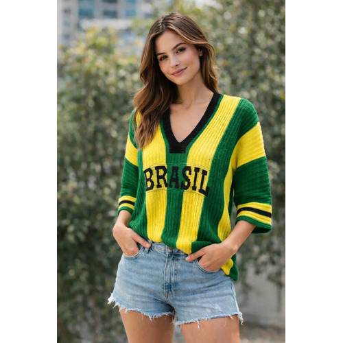 Blusa Tricot Brasil Feminina Decote V Manga 7/8 Moda Premium