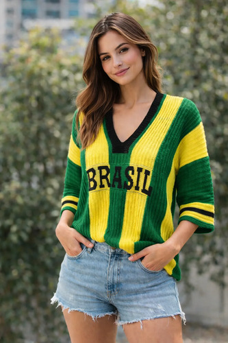 Blusa Tricot Brasil Feminina Decote V Manga 7/8 Moda Premium