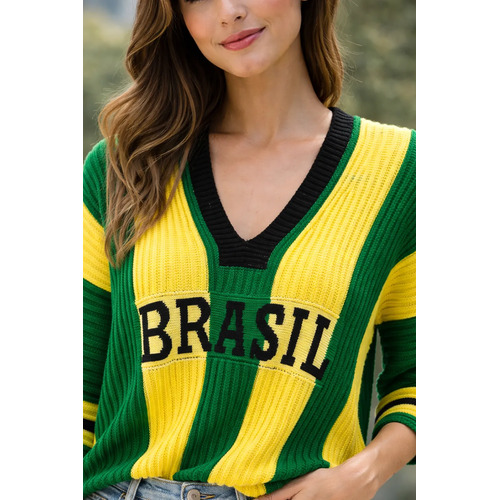 Blusa Tricot Brasil Feminina Decote V Manga 7/8 Moda Premium