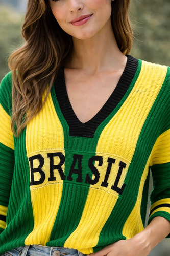 Blusa Tricot Brasil Feminina Decote V Manga 7/8 Moda Premium