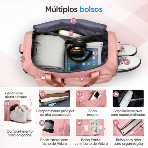Bolsa De Viagem Mala Transversal Academia Unisex Resistente Cor Rosa Liso
