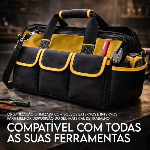 Bolsa Maleta De Ferramentas Grande Reforçada 16 Bolsos Para Eletricista E Profissionais - Fundo Firme Em Borracha - Preto E Amarelo