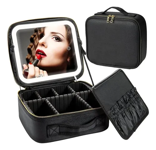 Bolsa maleta de maquiagem com espelho led portatil viagem