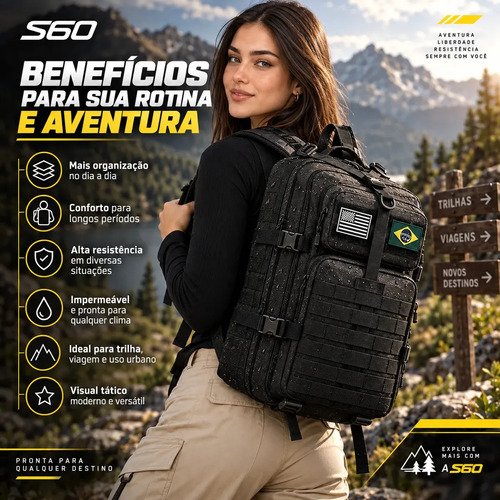 Bolsa Tática Mochila Militar Impermeável E Resistente 50 Litros Preto Para Viagem Trabalho Estudos