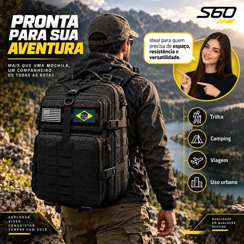 Bolsa Tática Mochila Militar Impermeável E Resistente 50 Litros Preto Para Viagem Trabalho Estudos