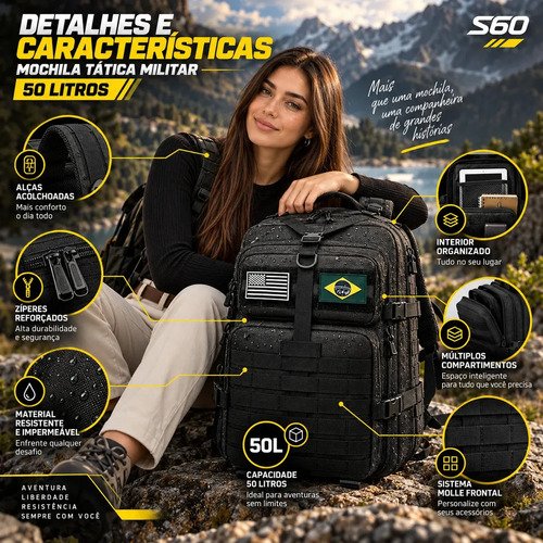 Bolsa Tática Mochila Militar Impermeável E Resistente 50 Litros Preto Para Viagem Trabalho Estudos