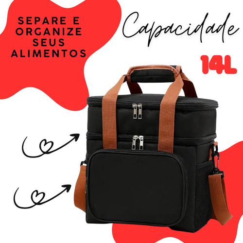 Bolsa Térmica Marmita Tche Amo 13.5 L Alça Transversal Removível 2 Compartimentos Organiza Conserva seus Alimentos Bebidas Quente e Frio Lancheira, Academia Trabalho Passeios Qualidade Premium Preta