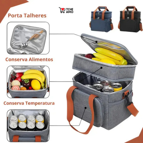 Bolsa Térmica Marmita Tche Amo 13.5 L Alça Transversal Removível 2 Compartimentos Organiza Conserva seus Alimentos Bebidas Quente e Frio Lancheira, Academia Trabalho Passeios Qualidade Premium Preta